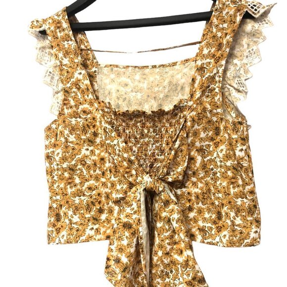 NWOT Floral Cropped Top Ruffle Detail Smocked Back with Tie Size S New - Picture 4 of 5